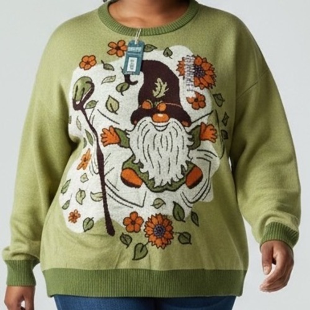 Earthbound‎ Gnome Sunflowers Leaves Knit Sweater Pullover Green XL